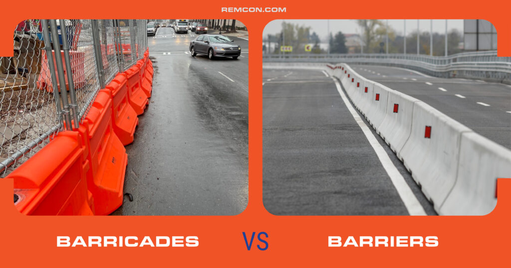 A graphic with two photos. One photo showing plastic barricades on a city street with chain link fence on a rainy day with a car turning onto the street. The other photo shows concrete barriers in the middle of the highway on a grey day. The images are surrounded by an orange frame.